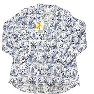 NWT C & C California Womens Linen Shirt Large Palm Trees Flamingo Coastal Cruise